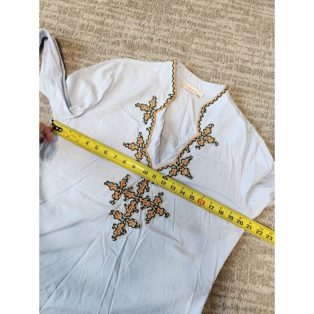 Tory Burch Light Blue Embroidered V-Neck Cotton Tunic Size 12 Boho Resort - Picture 3 of 12